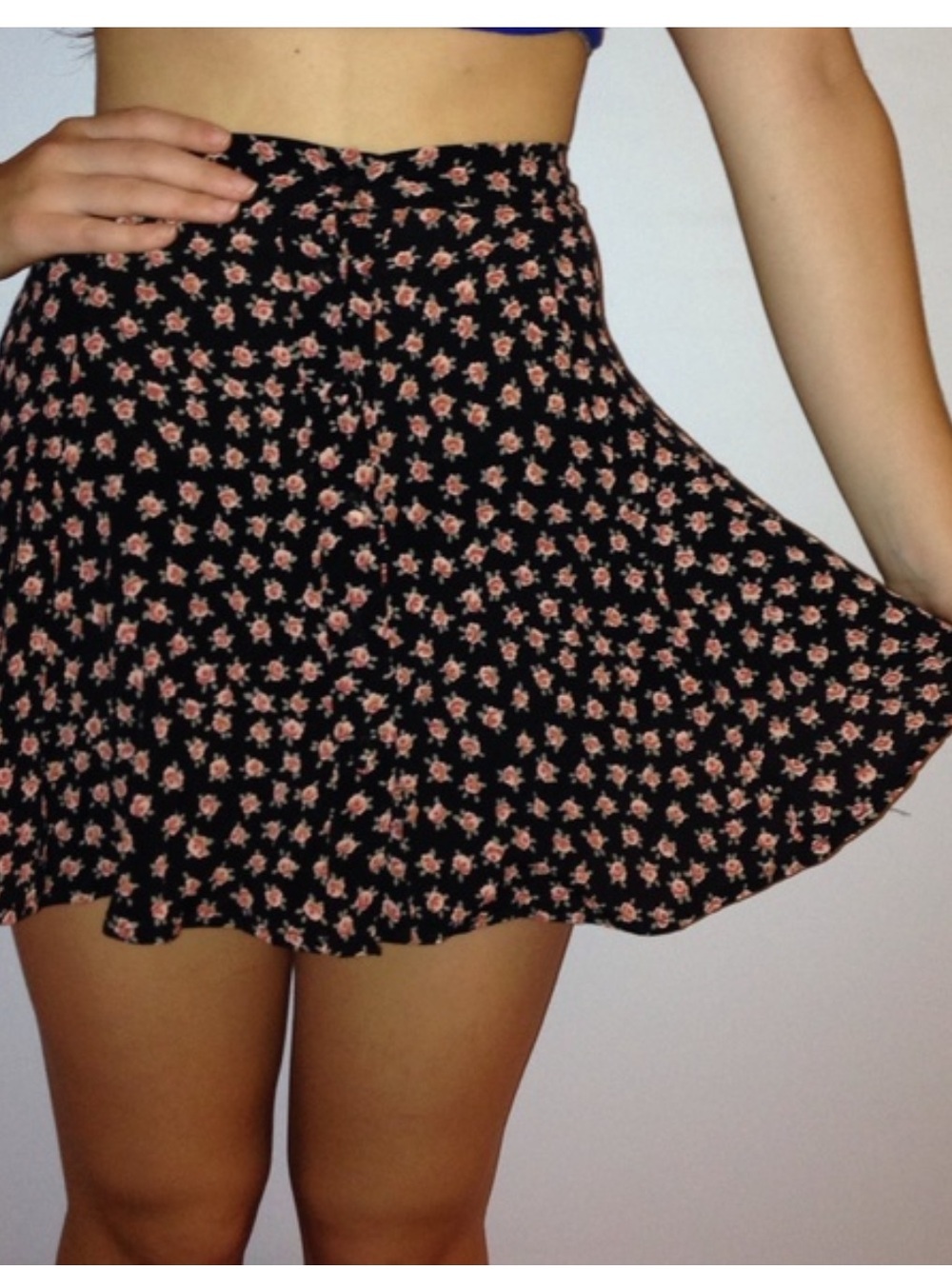 Brandy Melville Black Skater Skirt with Pink Floral Print